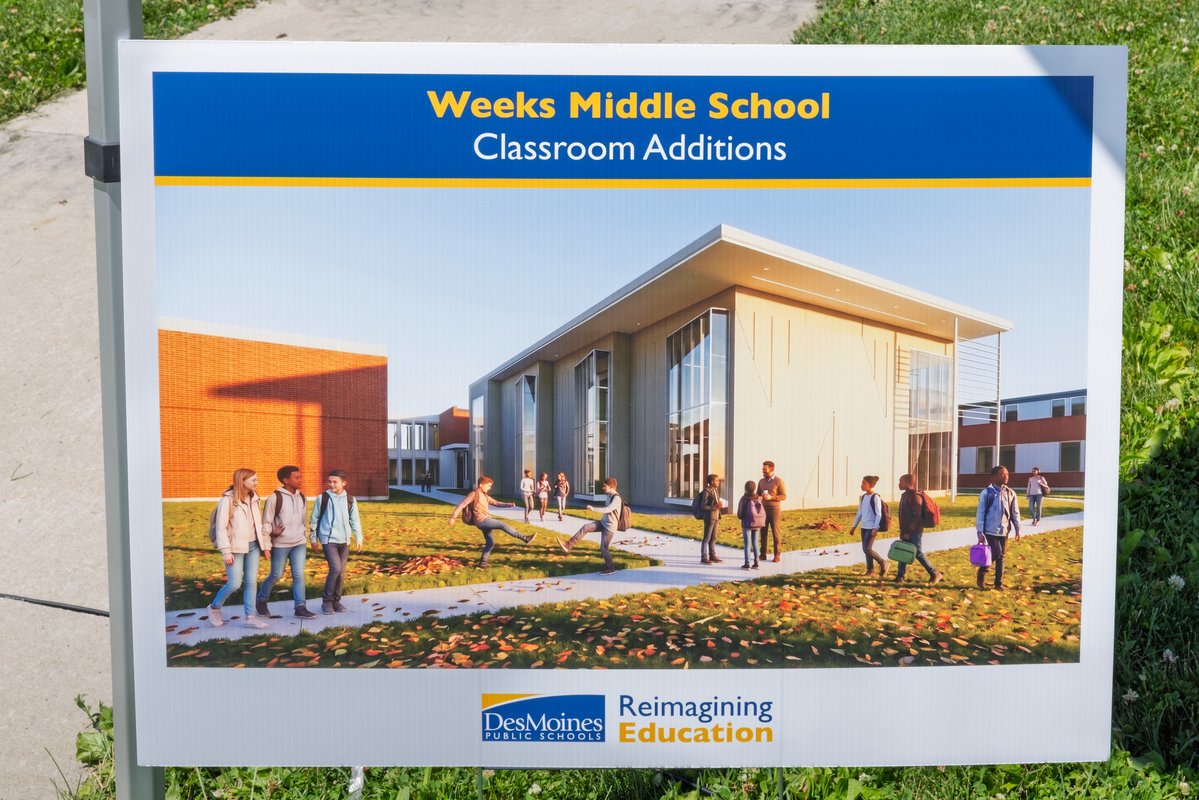 DMschools's tweet photo. Weeks Middle School officially joined the first wave of Reimagining Education construction projects today with a groundbreaking ceremony celebrating new classroom additions.

The project will be completed for the 2027-28 school year. https://t.co/wFZtMwKviC
