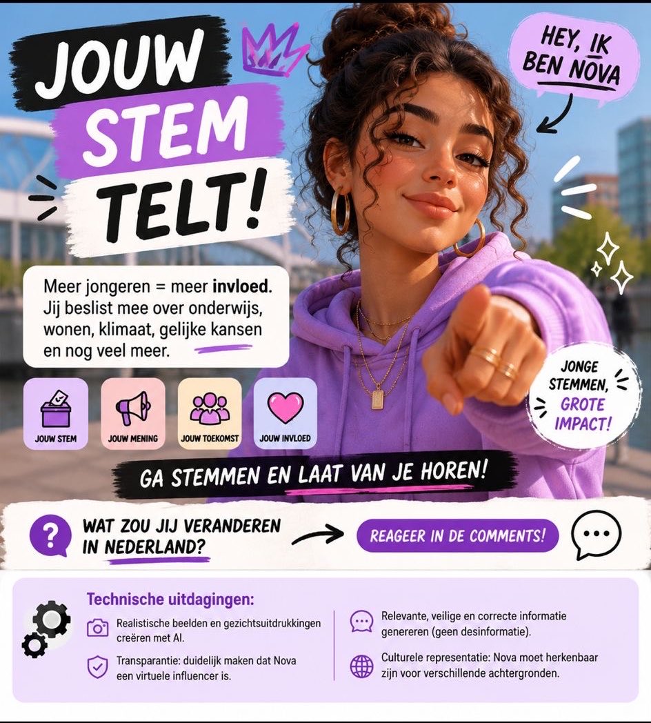 NextGenVoicess's tweet photo. Hey, ik ben NOVA ๐
Jonge stemmen hebben grote impact. Over onderwijs, wonen, klimaat en gelijke kansen wordt nรบ besloten.
Wat zou jij als eerste veranderen in Nederland?
Reageer hieronder ๐
#NextGenVoices #JouwStemTelt #Jongeren #Politiek #Stemmen #Nederland #Influencer https://t.co/I0xdP9OhEW