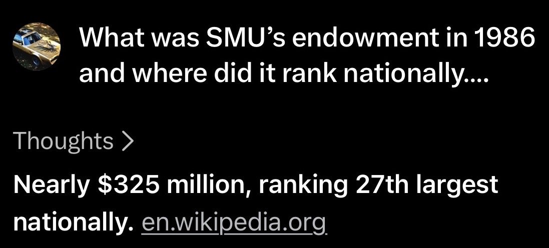 SoCal_Pony's tweet photo. @mere_de_rousses It absolutely impacted donor giving…today’s 27th largest endowment is $4B, while SMU’s is closer to $2.5B https://t.co/aOy6u65Kio