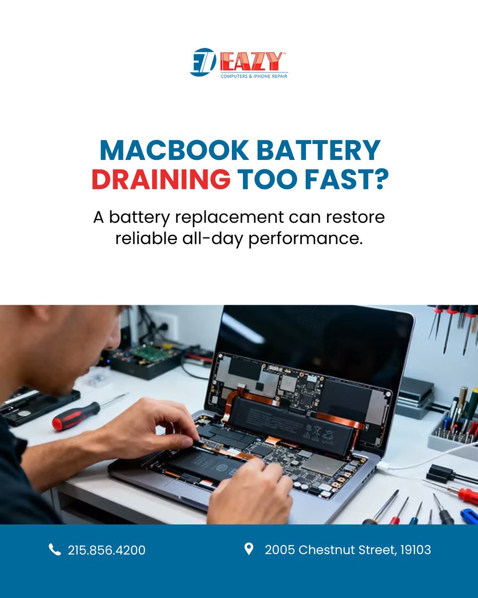 eazycomputer's tweet photo. ¿Tu batería de MacBook se drena rápido o se apaga? ¡Puede que necesite un reemplazo! 🔋 Una batería saludable mejora el rendimiento. Visítanos en 2005 Chestnut Street, Philadelphia para servicio.

#EazyComputers #Philadelphia #PhillyTech #BestOfPhilly #MacBattery #AppleRepair https://t.co/hJhoLR5kE0