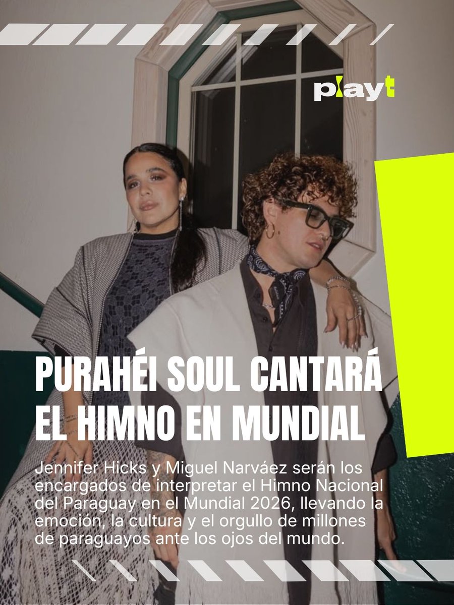 Latribupy_'s tweet photo. 🇵🇾🎶 ¡Purahéi Soul llevará la identidad paraguaya al Mundial 2026!

El dúo integrado por Jennifer Hicks y Miguel Narváez, será la encargada de interpretar el Himno Nacional del Paraguay en el Mundial 2026. 🌎⚽

#playT #LaTribu #LaTribuna https://t.co/fcHoiYEtl0