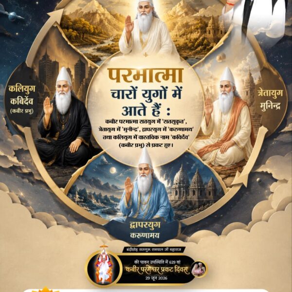 Mamtamajhi14's tweet photo. #परमात्मा_चारों_युगमें_आतेहैं
कबीर परमात्मा सतयुग में 'सतसुकृत', त्रेतायुग में 'मुनीन्द्र', द्वापरयुग में 'करुणामय' तथा कलियुग में वास्तविक नाम 'कविर्देव' (कबीर प्रभु) से प्रकट हुए।
God Kabir In 4Yugas https://t.co/4VsAzig9X7