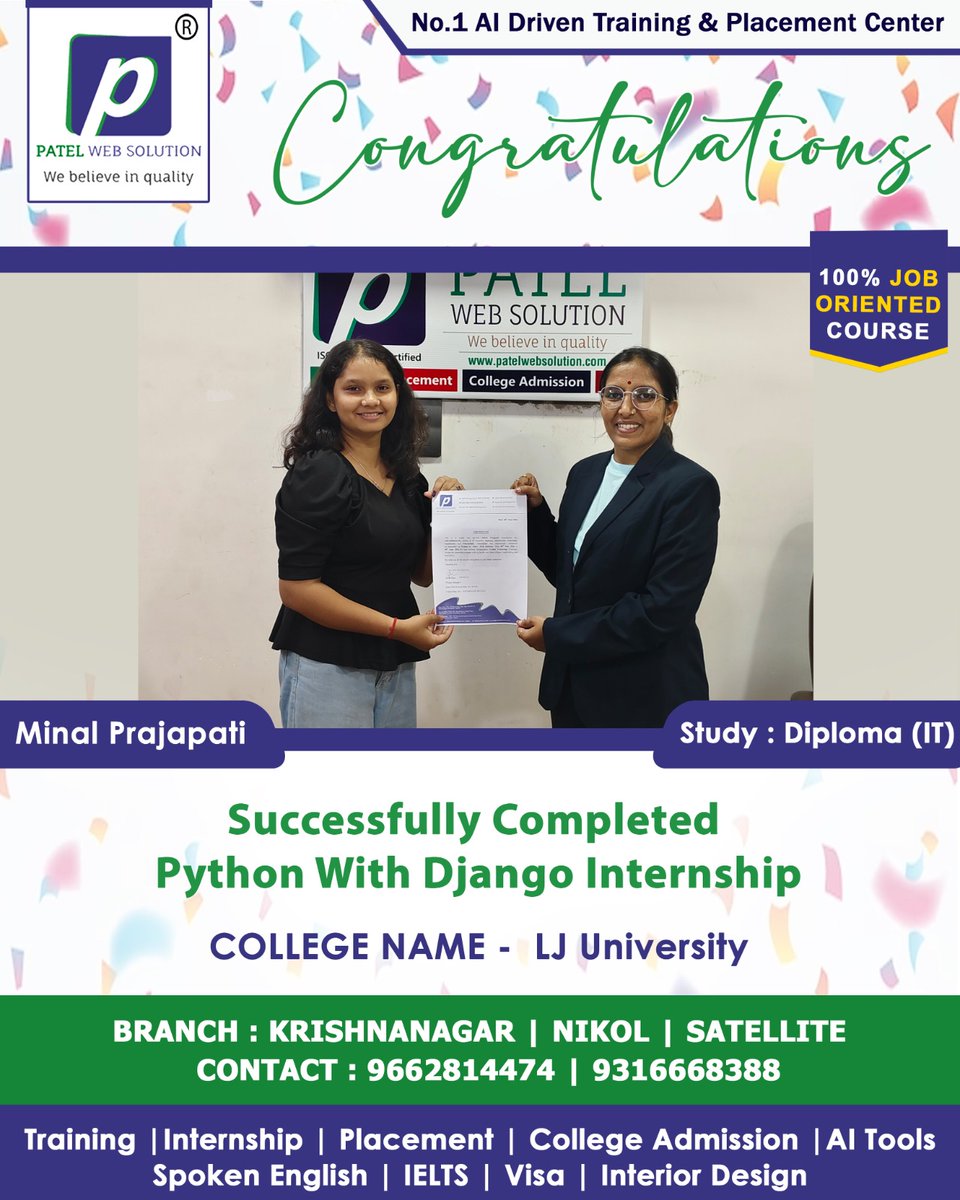 patelweb's tweet photo. 🎉 **Celebrating Student Success at Patel Web Solution!** 🎉

We are proud to congratulate our talented students on successfully completing their courses and internships with dedication and excellence. 🌟 https://t.co/nVOD91RxlF