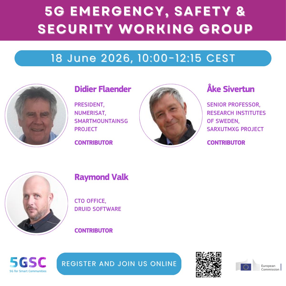 connectivityEU's tweet photo. 💬 Discover the contributors supporting the discussion at the European Commission's #5G Emergency, Safety &amp; Security Working Group.

📅18 June 2026
⏲️10:00–12:15 CEST
🔗 Register here: https://t.co/UHXoCIbfKK

@RISEsweden, @druid_software #5G4SC #5G4SmartCommunities https://t.co/8zbIt3CQyL