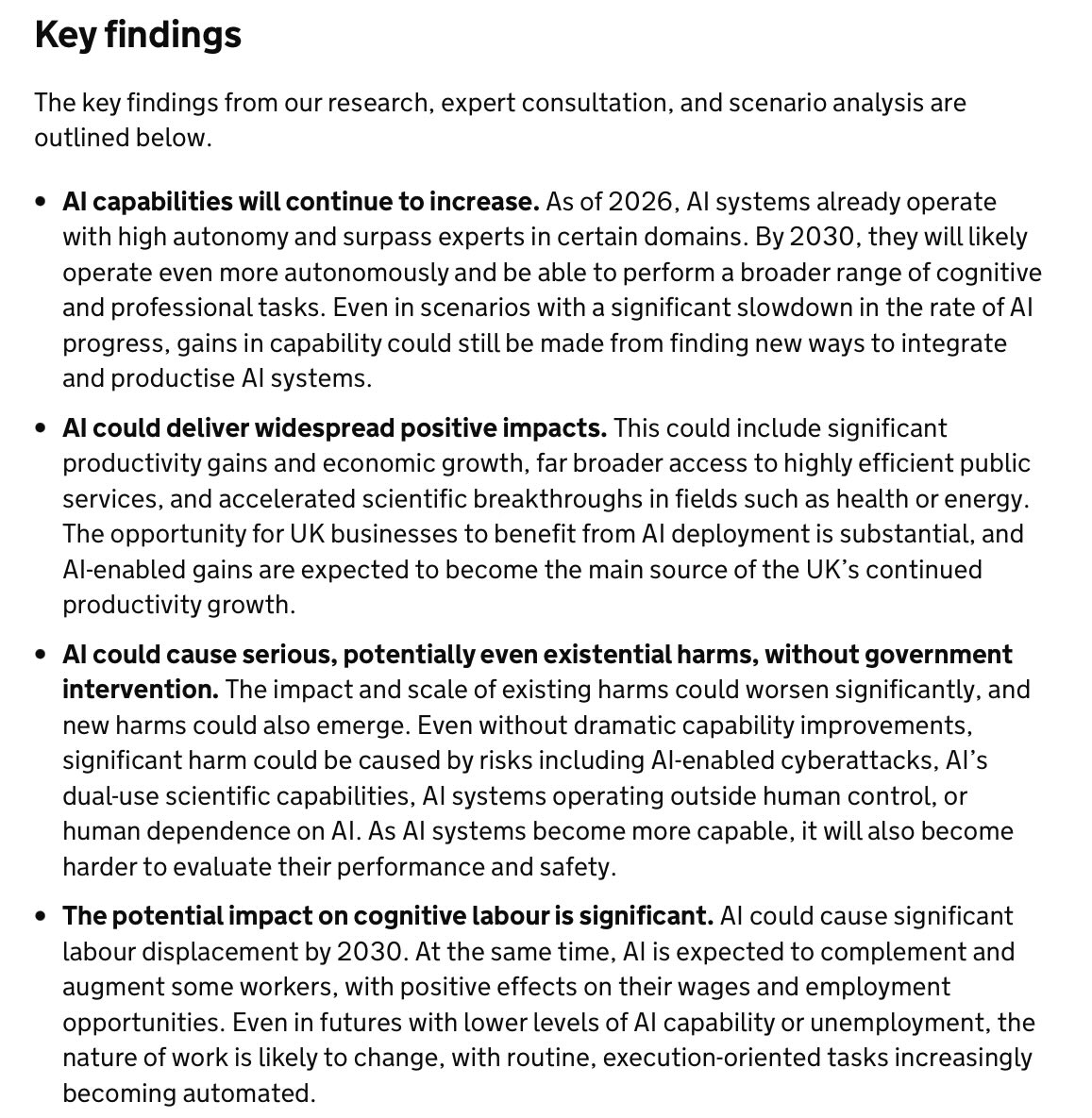 Discoplomacy's tweet photo. The British Government has published ‘AI Scenarios 2030: Helping policymakers plan for the future of AI’. 

Written by Government Office for Science (GO-Science) with input from AISI and DSIT and external experts, it examines five scenarios, grouped into three technological trajectories: 

1. slowed
2. continued
3. taken off