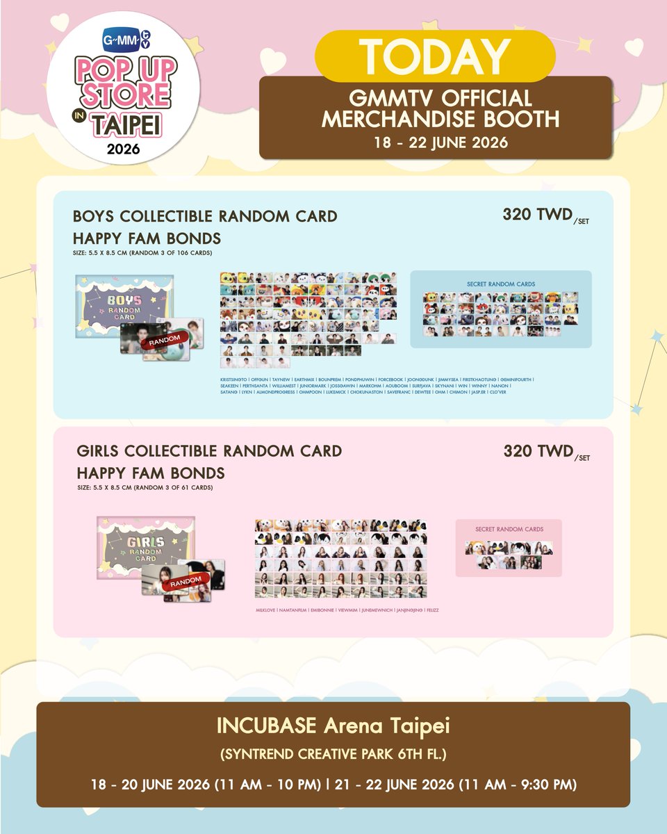 GmmtvShop's tweet photo. Today! Don't forget to come and shop for the cute official merchandise at the GMMTV POP-UP STORE IN TAIPEI 2026.

18 - 20 JUNE 2026 (11 AM - 10 PM)
21 - 22 JUNE 2026 (11 AM - 9:30 PM)

INCUBASE Arena Taipei
(Syntrend Creative Park 6th FL.)

#GMMTVPOPUPSTOREINTAIPEI
#GMMTV https://t.co/lsXE50Hl4e