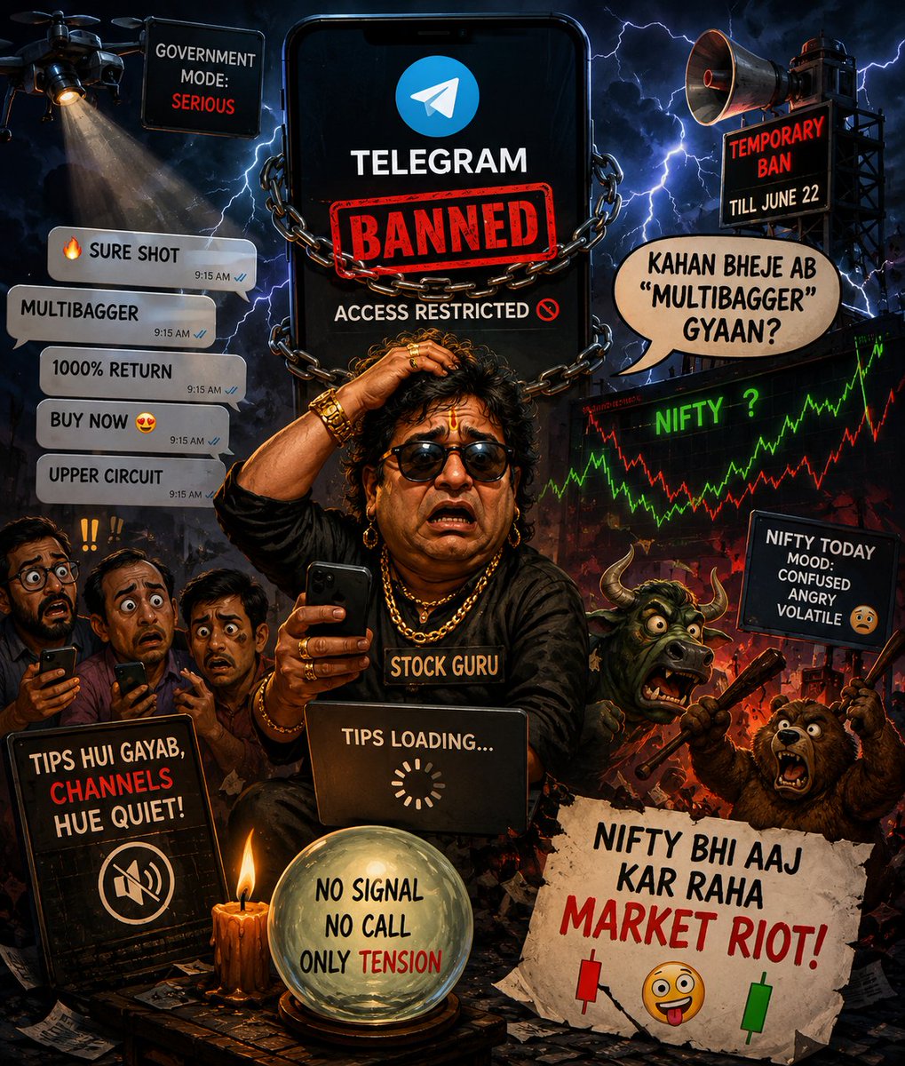 Tradersbuddy07's tweet photo. Telegram bandh, guru pareshan,
Kahan bheje ab "multibagger" gyaan?
Tips hui gayab, channels hue quiet,
Nifty bhi aaj kar raha market riot! 😂📈📉
#Nifty50 #StockMarketMemes #DalalStreet #TradingHumor #MarketRiot #NiftyAnalysis #TradingCommunity #StockMarketIndia #RetailTraders #MarketMeme #TradingLife #InvestingHumor #TelegramBan #MarketVolatility #NiftyTrader #FinanceMemes #TraderLife #StockMarketLaughs #TradingPsychology #MarketChaos