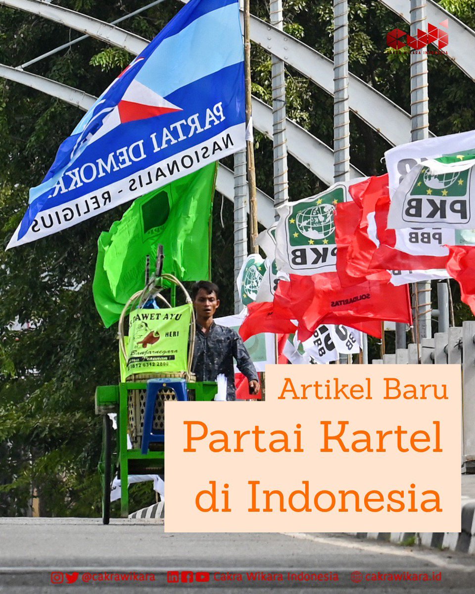 CakraWikara's tweet photo. ARTIKEL BARU
[Partai Kartel di Indonesia]

Perkembangan partai politik tidak berhenti pada model partai massa maupun catch-all party. Ada juga kecenderungan yang dikenal sebagai partai kartel.

#Regenerasi #Samsara #Politik https://t.co/a5hk4k1tMl