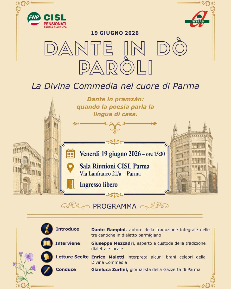 cislprpc's tweet photo. Dante in dò paroli - #FNPCISLParmaPiacenza e ANTEAS propongono un viaggio nella Divina Commedia in dialetto parmigiano.

📅 19 giugno, ore 15.30
📍 Sala Riunioni CISL Parma, via Lanfranco 21/A

Ingresso libero https://t.co/kxfzznfhYn