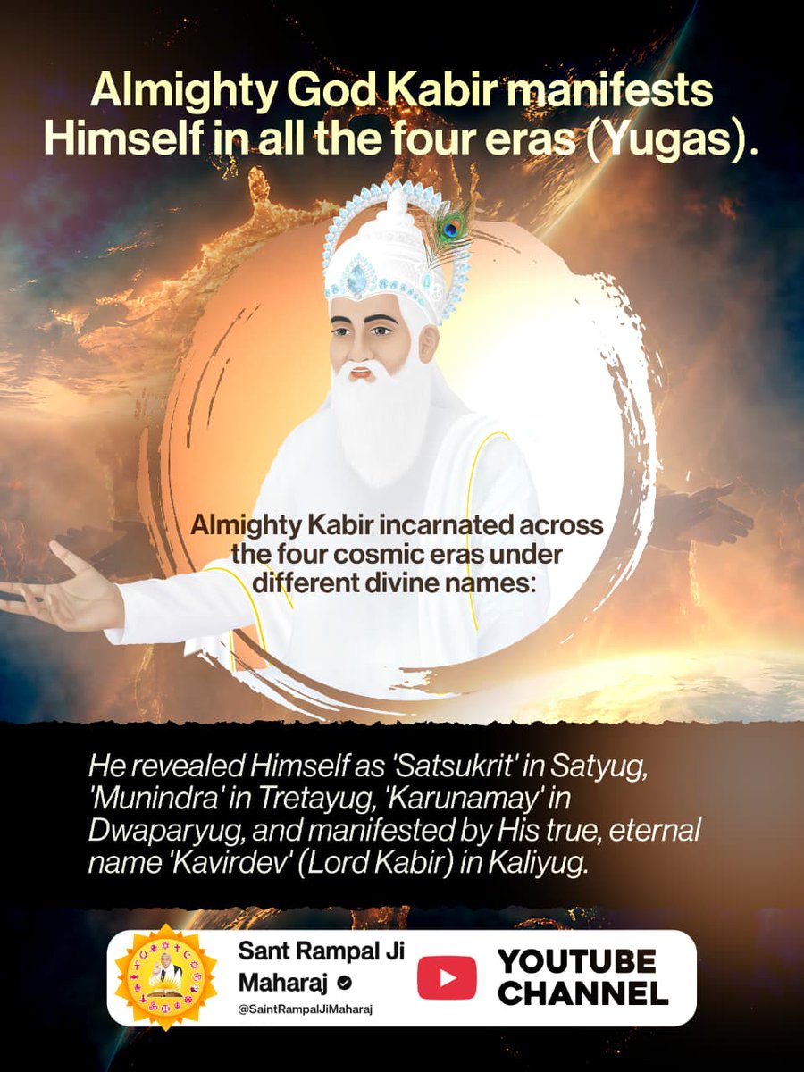 kumari000123's tweet photo. #परमात्मा_चारों_युगमें_आतेहैं

कबीर साहेब जी सतयुग में 'सतसुकृत' नाम से मनु जी से मिले थे। उन्होंने मनु जी को तत्वज्ञान (यथार्थ ज्ञान) समझाना चाहा, परंतु मनु जी ने सतसुकृत रूप में आए कबीर साहेब के ज्ञान पर विश्वास करने के बजाय उनका उपहास किया और उन्हें 'वामदेव' कहा। https://t.co/Mc16lhanfl
