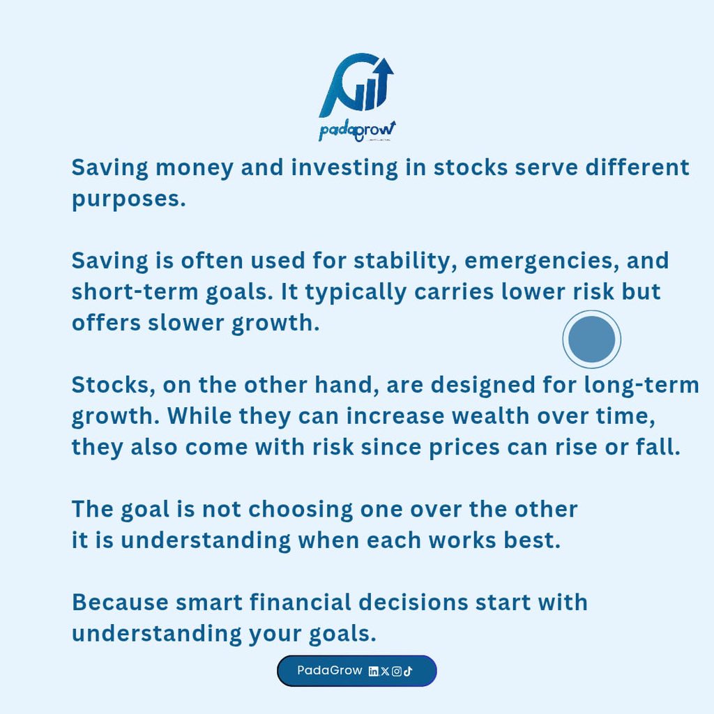 PadaGrow's tweet photo. Saving protects money.Stocks can grow money.

Both matter just for different goals.

#Padagrow #Stocks #Saving #Investing #Finance #Markets https://t.co/pIc53iIqix