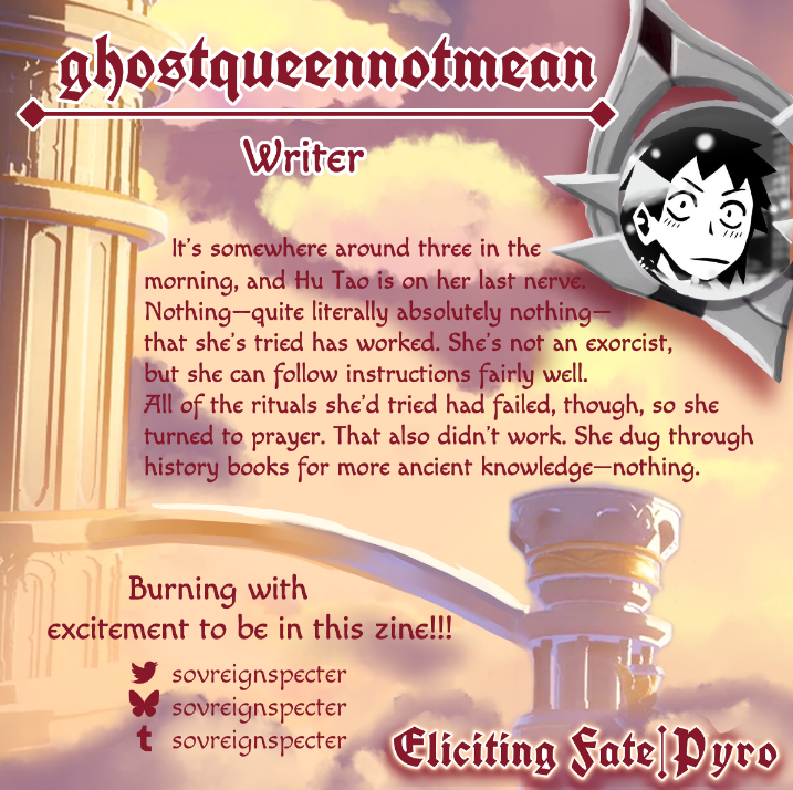 elicitingfate's tweet photo. 🔥Contributor Spotlight🔥

Writer, @sovreignspecter, ignites with enthusiasm! ❤️‍🔥

"Burning with excitement to be in this zine!!!" https://t.co/47x1f35C9A