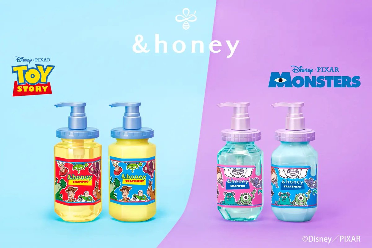 MimiBeauty__'s tweet photo. &amp;honeyからトイ・ストーリーとモンスターズ・インク限定デザインが登場🎉
シャンプー＆トリートメントとぷっくりシールのセットだよ〜！トイ・ストーリーは紫陽花の香り、モンスターズ・インクは果実の香り付き♡6/24発売 https://t.co/CnIlLI3yo1