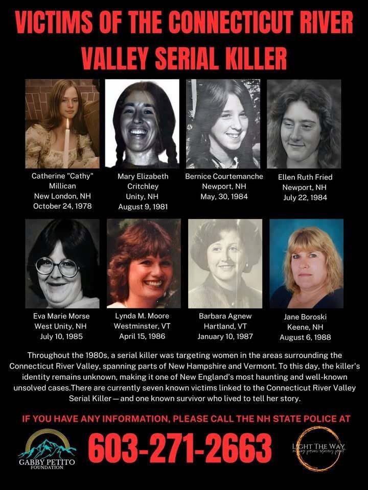 GabbyFind's tweet photo. Throughout the 80s, a serial killer was preying on women in the areas surrounding the CT River Valley in NH &amp; VT. There are currently 7 known victims &amp; one survivor. If you have any info, please call 603-271-2663  #TipTuesday #NHUnsolved #NewHampshire #Vermont https://t.co/qmNJwHC7UN