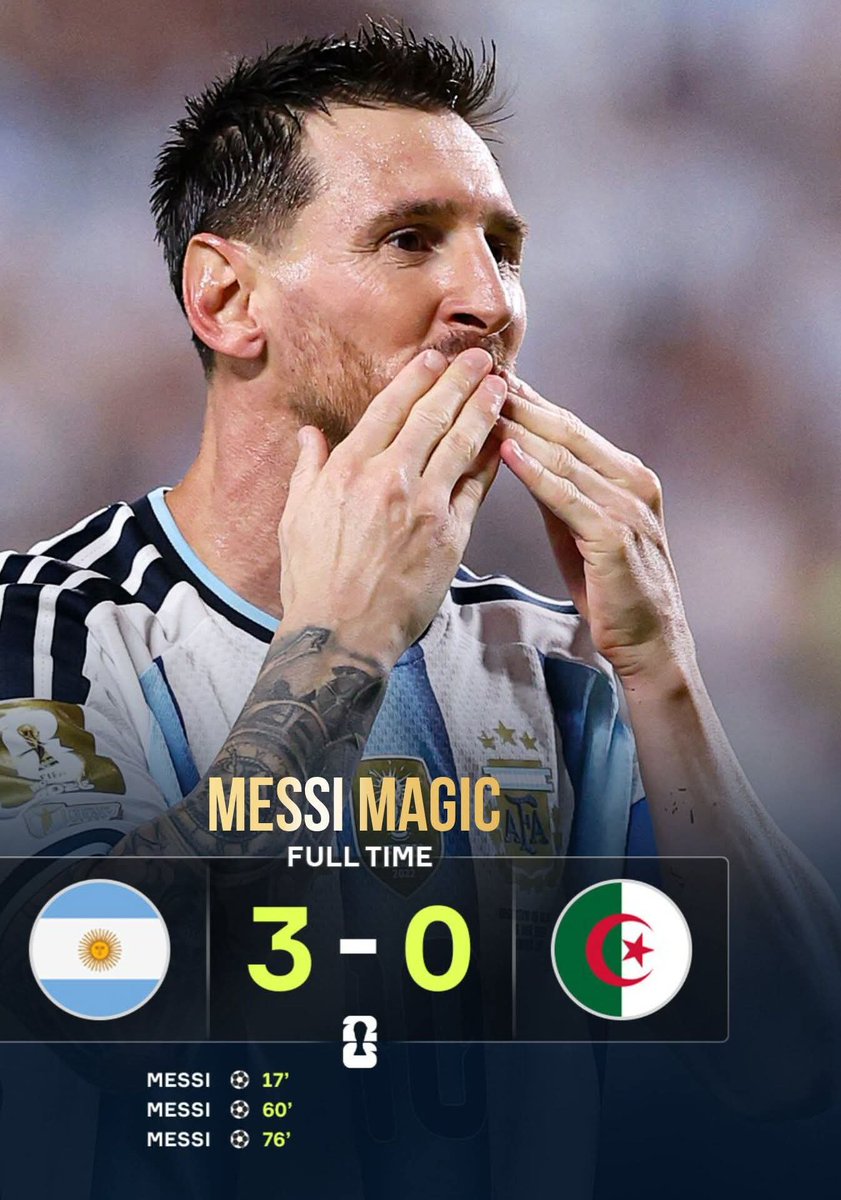 FifaLiveUpdatee's tweet photo. FT: Argentina 3-0 Algeria 🔥🇦🇷

What a way to kick off the World Cup for Argetina!

 Defending champions Argentina deliver a masterclass as Lionel Messi scores a brilliant hat-trick to power them to a commanding victory over Algeria.

The GOAT once again steals the show, etching his name deeper into football history! 💫

Messi now equals Miroslav Klose with 17 World Cup goals