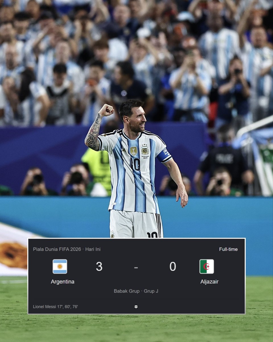 OneSportsID's tweet photo. Sempat nyaris kebobolan di awal laga lewat gol offside Aljazair, Argentina bangkit dan mengunci kemenangan perdana Grup J lewat 3 gol magis dari Lionel Messi di Kansas City. https://t.co/uarXxcdVlv