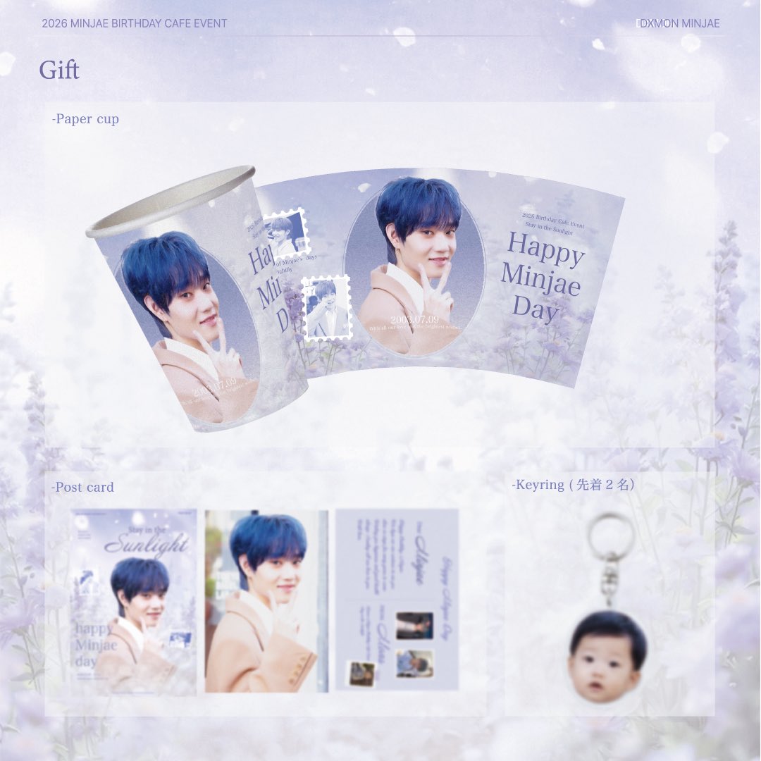 qqoaob's tweet photo. ✧˖°⋆｡𝐆𝐢𝐟𝐭 𝐈𝐧𝐟𝐨𝐫𝐦𝐚𝐭𝐢𝐨𝐧˚｡⋆°˖✧

ご来店いただいた方へ、ギフトをご用意しております。

-ペーパーカップ
-ポストカード 3種
-キーホルダー（先着2名様限定）

※特典は数量限定となっております。なくなり次第終了となりますので、ご了承ください。

ミンジェのお誕生日を一緒にお祝いできましたら幸いです✨

📍Cafe Guleum by Linnie Cake
⌛️2026.07.09 – 07.10

#DXMON #다이몬 #민재 #MINJAE
#민재의_모든_날이_빛나기를