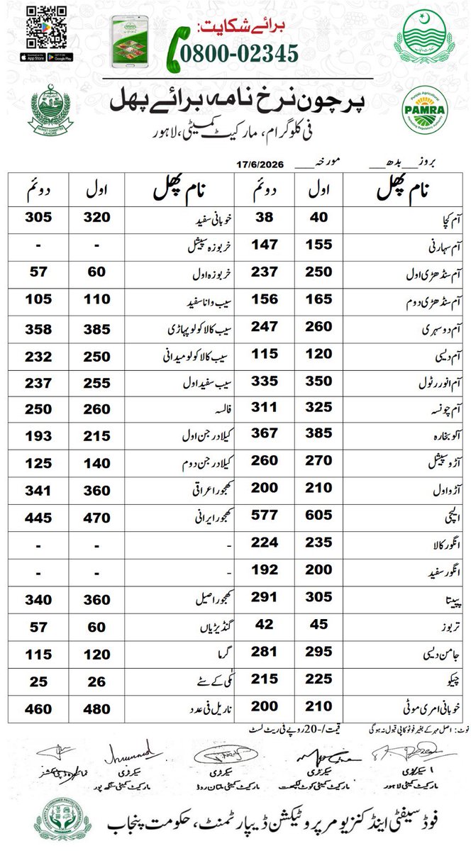 DCLahore's tweet photo. مورخہ 17 جون 2026؛ اشیاء خورونوش کی ریٹ لسٹ جاری کر دی ہے۔  شہری ڈی سی کنٹرول روم نمبر 03070002345 یا سوشل میڈیا پر براہ راست رابطہ کریں۔ 
#PriceControl #PublicRelief #Lahore https://t.co/kF0hIiQWCq