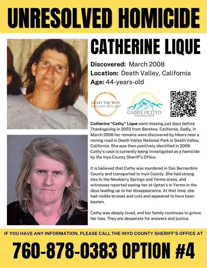GabbyFind's tweet photo. Catherine “Cathy” Lique went missing just days before Thanksgiving in 2003 from Barstow, #California. 

In March 2008, her remains were discovered.

Deeply loved, her family continues to grieve her loss and is seeking answers and justice. #TipTuesday #CatherineLique https://t.co/lb1Nto4Lw3