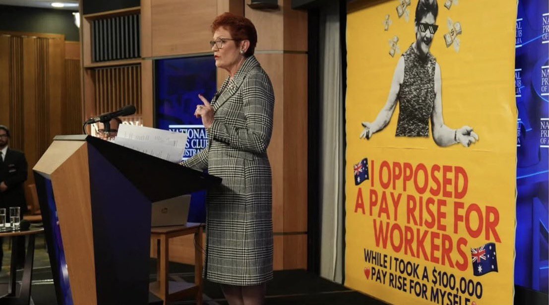 toiletpaperaus1's tweet photo. This banner got unfurled at Pauline’s Press Club speech. 

Fucking incredible. https://t.co/eROs34Nukv