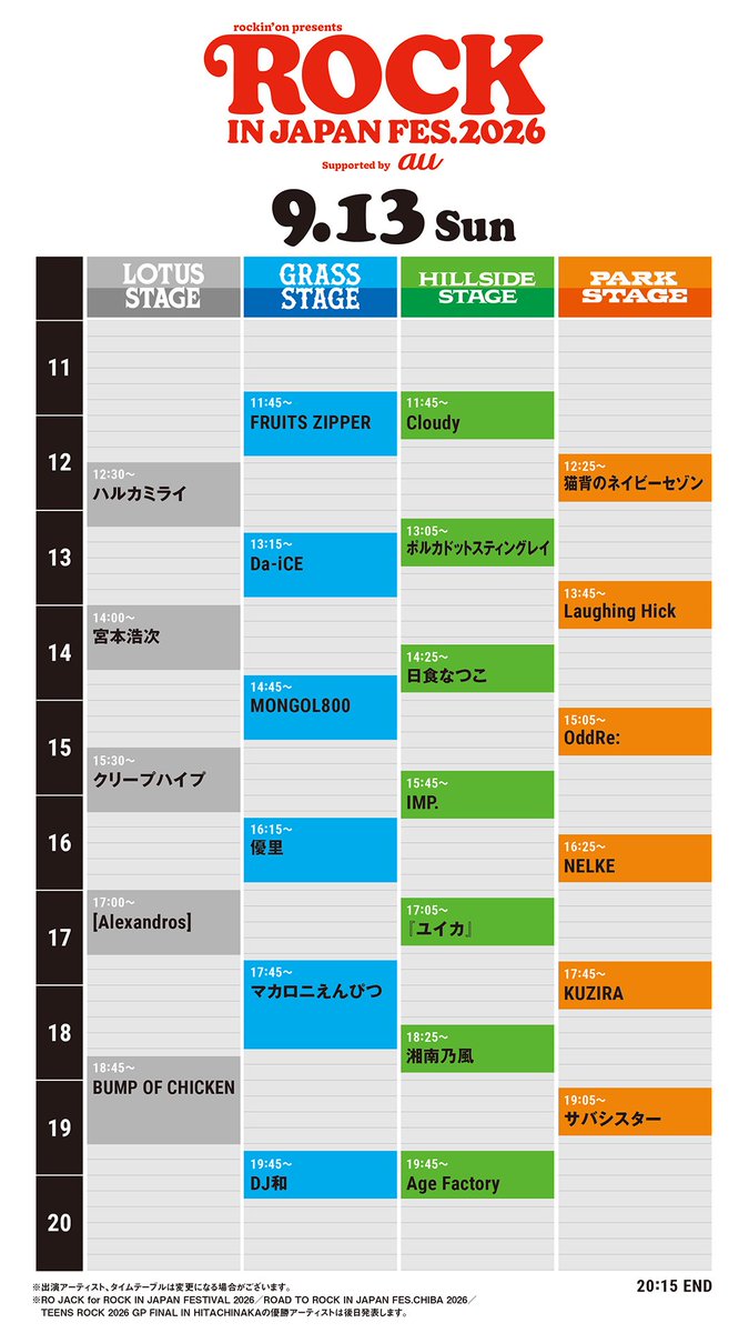 benio_san's tweet photo. タイムテーブル発表。初日はバニラズとアイナ被りか。2日目BUMPとサバシスター被り。唯一3日目は良い感じにバラけてる。Chevonとノーメロ連戦は熱い！

 #RIJF2026
 #ロッキン https://t.co/IB7lGF0NT0