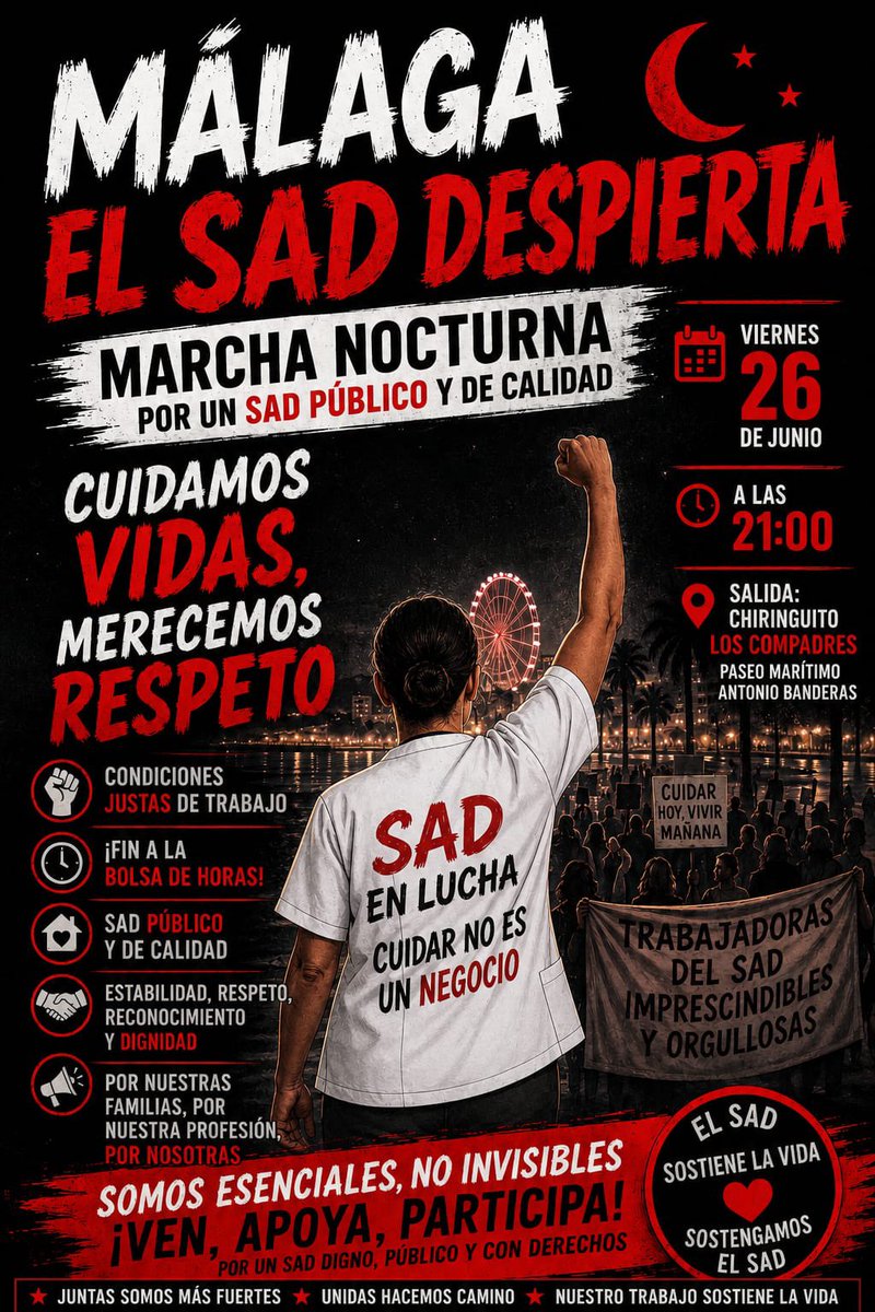 generalCGT_A's tweet photo. El SAD vuelve a las calles de Málaga, Marcha Nocturna
26 de Junio, 20,30h, paseo Marítimo Antonio Banderas, chiringuito Los Compadres
#cgtmalaga #cgtsadandaluciaceutaymelilla #cgtandaluciaceutaymelilla #malaga #marchanocturnasad @CGT_A @sadandaluciacgt @CgtSanidadmal @CGTMalagafp https://t.co/vXS1dMESfX