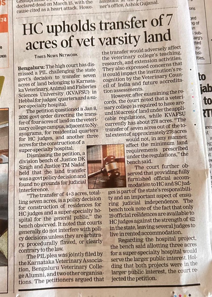 JahnaviIyer's tweet photo. 7 acres of land belonging to Karnataka Veterinary, Animal and Fisheries Sciences University (KVAFSU) have been handed over for judges' quarters and a super-speciality hospital after the High Court upheld the transfer.

While Karnataka struggles with shortages in veterinary infrastructure, research facilities, and animal healthcare resources, land meant for veterinary education continues to shrink.

Animals cant vote. They cant lobby. They cant file PILs. So their interests are always the easiest to sacrifice.

#AnimalWelfare #VeterinaryEducation #Karnataka #SaveIndianAnimals

@aranya_kfd @DKShivakumar @LiveLawIndia @PMOIndia @moefcc @AwbiBallabhgarh @CZA_Delhi @PetaIndia @FIAPOIndia @Manekagandhibjp @RahulGandhi @dilthi_gujarati