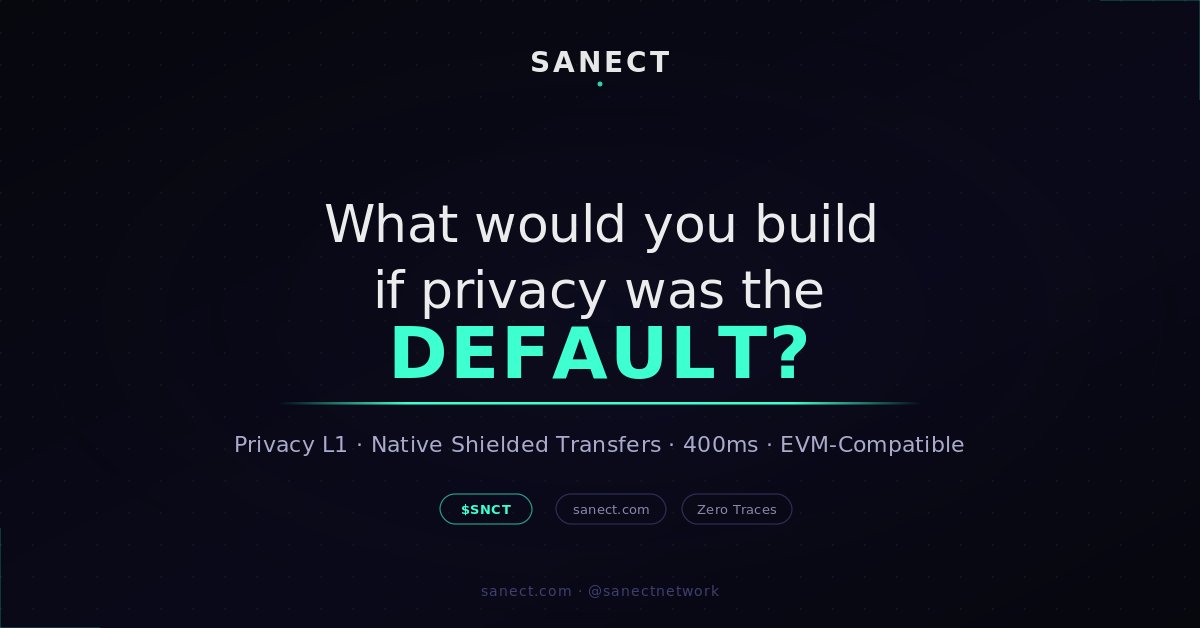 sanectnetwork's tweet photo. What would you build if privacy was the default on every transaction?

No front-running. No wallet fingerprinting. No MEV extraction.

Sanect is a Privacy L1 — native shielded transfers, 400ms blocks, EVM-compatible. Build with tools you already know.

Drop your first deploy idea 👇

$SNCT · https://t.co/wdEm1yW6vn

#privacy #blockchain #L1 #Web3 #EVM #SNCT #DeFi