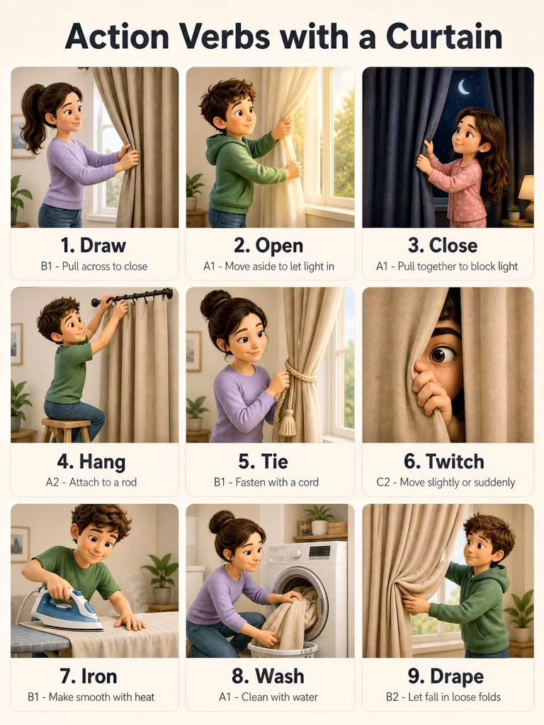 WordUpgrade's tweet photo. Action verbs with a curtain✅️👇 https://t.co/r6LUbX4h4u