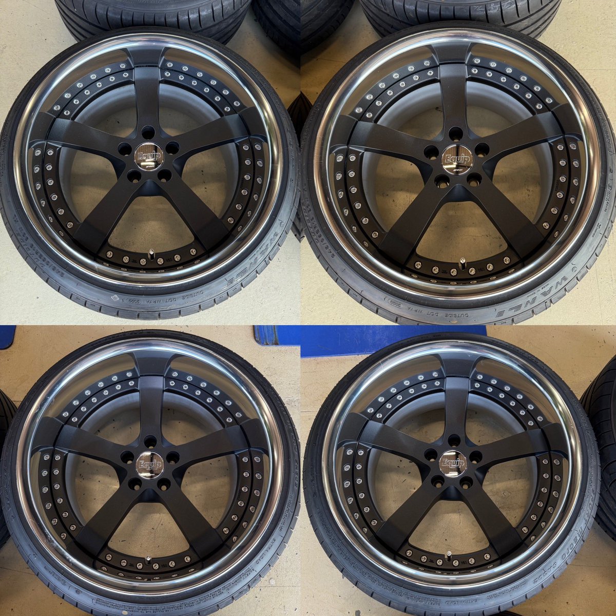 GRAES_3000's tweet photo. 委託販売ホイール❗️
ワーク　エクイップ　E05  FORGED
ブラックアルマイト SKB
19インチ　11J  +8  -17 4本　Aディスク
曲がりやガリキズはありませんが洗車傷や一部擦り傷や飛び石傷に光輝リム特有のシミがあります。
価格は33万円😎👍
タイヤ　WANLI 245/35-19  2022年製 https://t.co/2RYJLr2A4p