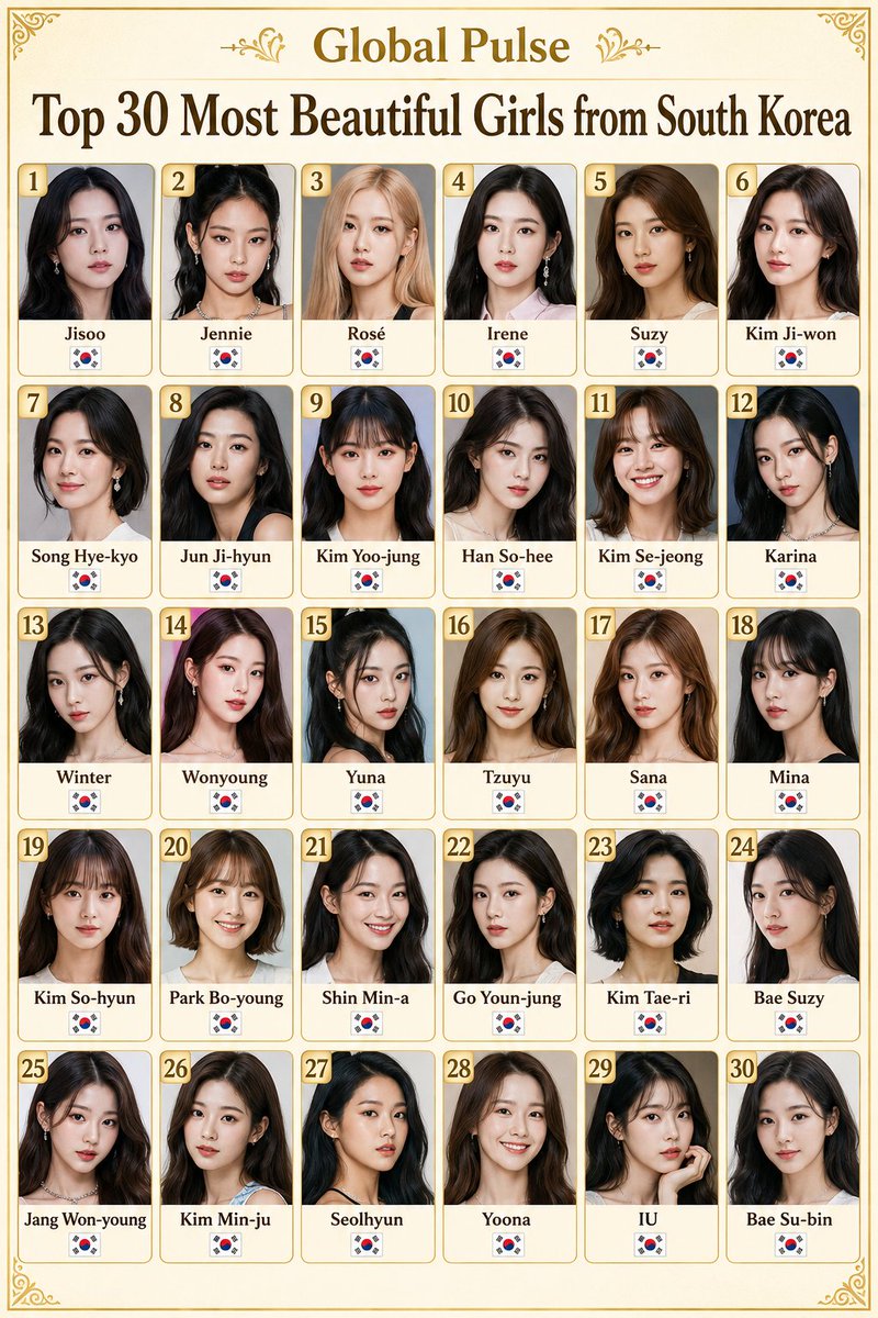 Globalstats_77's tweet photo. 🇰🇷 Top 30 Most Beautiful Girls/Women from South Korea

🇰🇷 Jisoo
🇰🇷 Jennie
🇰🇷 Rosé
🇰🇷 Irene
🇰🇷 Suzy
🇰🇷 Kim Ji-won
🇰🇷 Song Hye-kyo
🇰🇷 Jun Ji-hyun
🇰🇷 Kim Yoo-jung
🇰🇷 Han So-hee
🇰🇷 Kim Se-jeong
🇰🇷 Karina
🇰🇷 Winter
🇰🇷 Wonyoung
🇰🇷 Yuna
🇰🇷 Tzuyu
🇰🇷 Sana
🇰🇷 Mina
🇰🇷 Kim So-hyun
🇰🇷 Park Bo-young
🇰🇷 Shin Min-a
🇰🇷 Go Youn-jung
🇰🇷 Kim Tae-ri
🇰🇷 Bae Suzy
🇰🇷 Jang Won-young
🇰🇷 Kim Min-ju
🇰🇷 Seolhyun
🇰🇷 Yoona
🇰🇷 IU
🇰🇷 Bae Su-bin