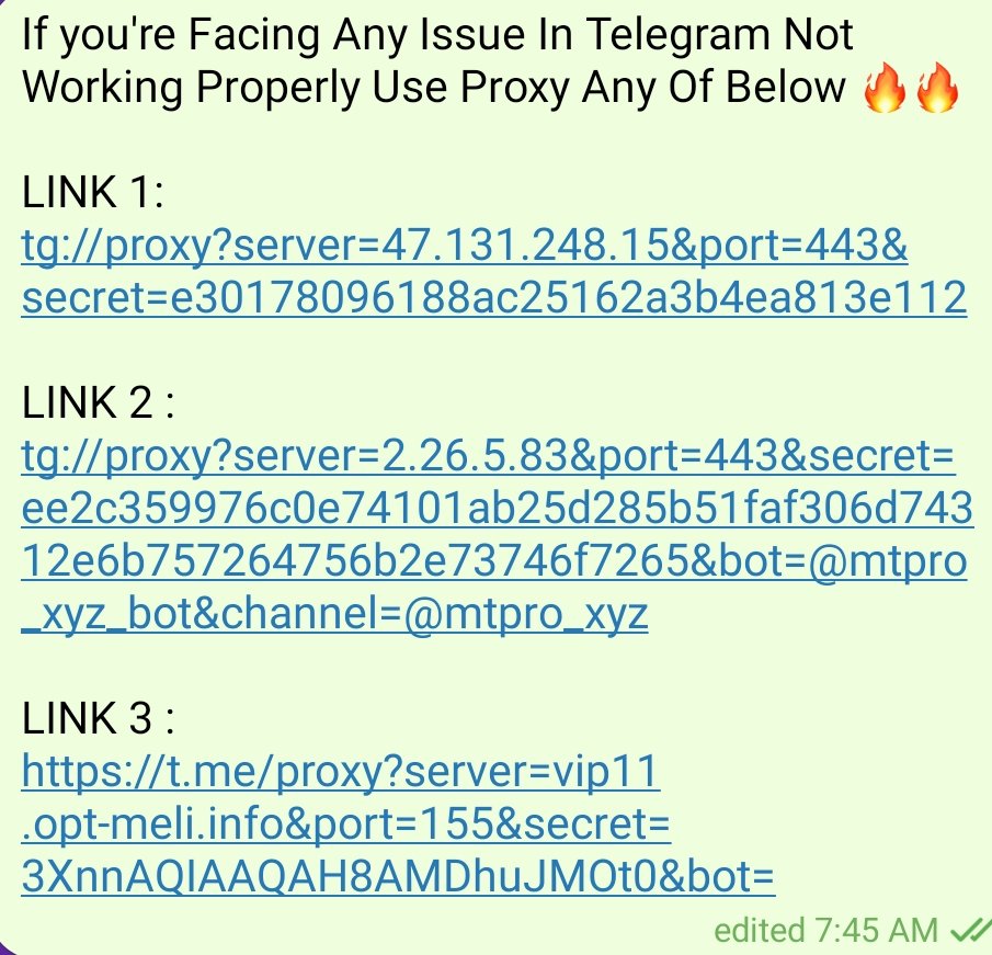 GM_DAO3's tweet photo. 🔥 Telegram Not Working Properly in India? No Worries!
✅ Save this image to your device
✅ Copy any proxy link from the image
✅ Paste into your any platform and connect
Once connected, reopen Tg and check if it's working .
#Telegram #TelegramProxy #Proxy #VPN #Airdrop #Web3 https://t.co/eqW38vKBjv