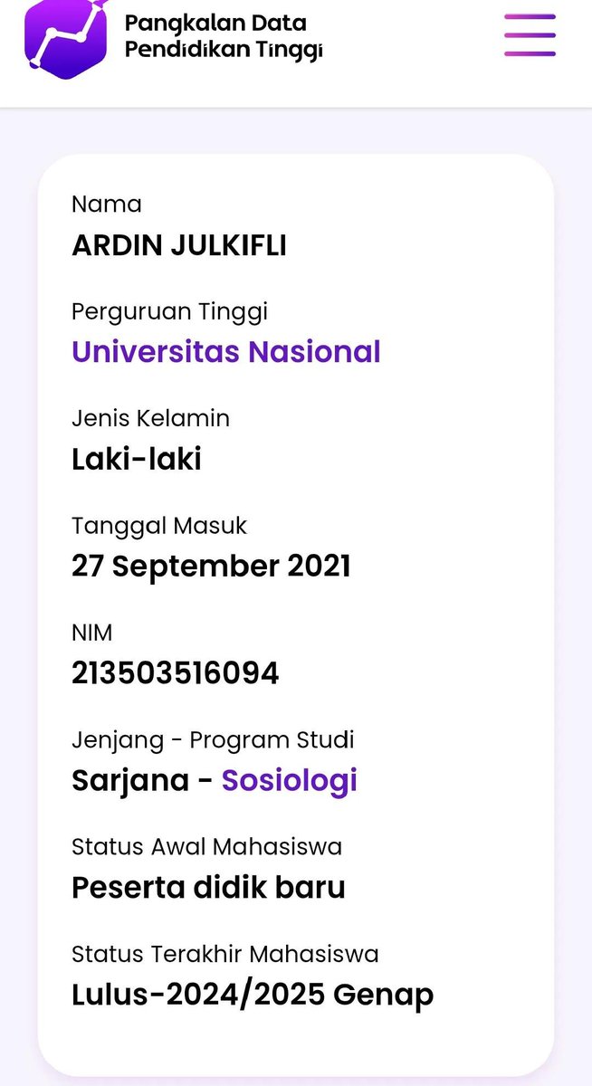 kalistohenituse's tweet photo. Salah satu wajah yang katanya mahasiswa Universitas Nasional, namanya Ardin Julkifli

Menurut PDDIKTI, Mahasiswa bernama Ardin Julkifli itu sdh lulus tahun 2024 artinya sudah bukan mahasiswa.

Fix Mahasewa 🤭 https://t.co/49fiK9kUXi