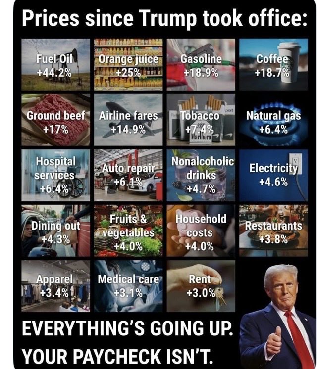 Suzierizzo1's tweet photo. I thought he told Americans he would be drastically lowering the cost of all these things. Apparently he lied. https://t.co/urbAWuRdvE