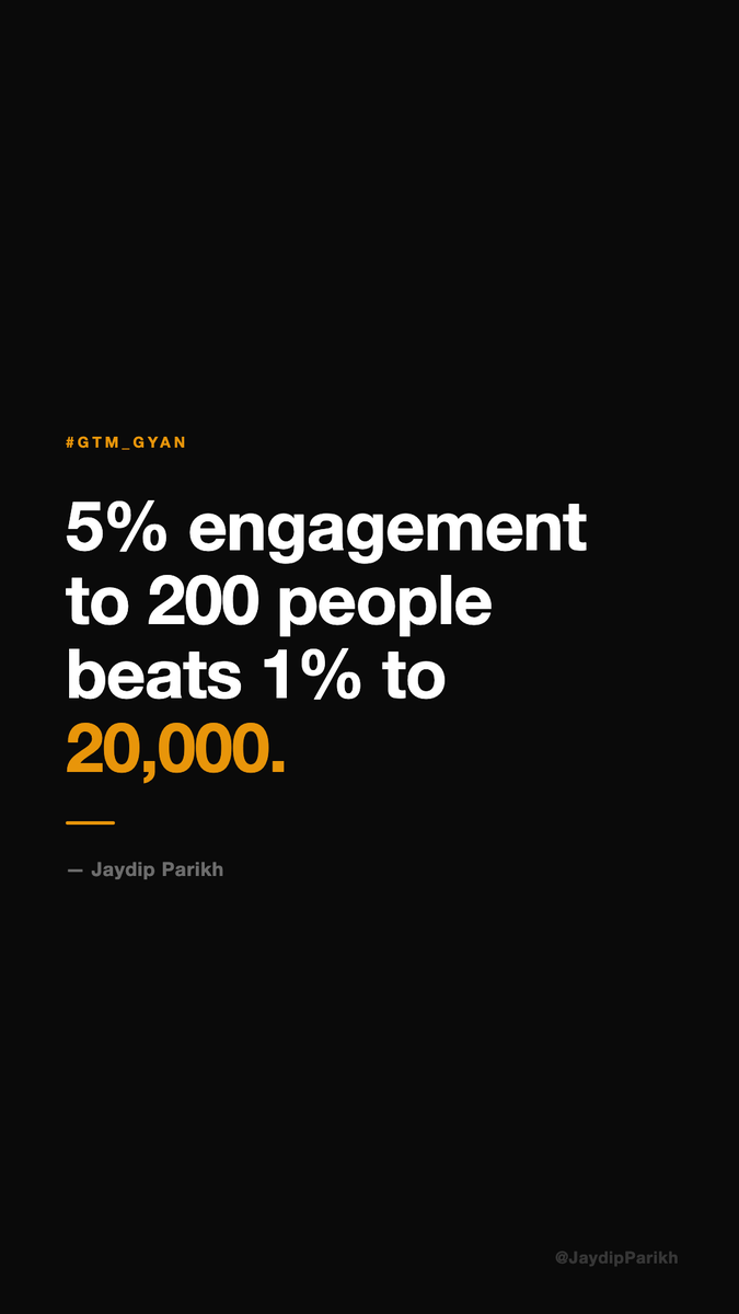 JaydipParikh's tweet photo. 5% engagement to 200 people beats 1% to 20,000. If you're selling B2B at ₹5–50L per client, know which metric actually moves revenue. #GTM_Gyan #B2BMarketing https://t.co/Hhdud0DNdT