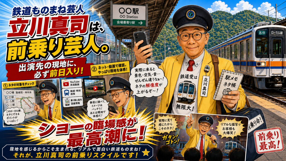 denshamonomane's tweet photo. 鉄道ものまね芸人立川真司は前乗り芸人。出演に行く時は、必ず前日入りでネタの勉強。横浜も前乗りしたら、ものまね後輩がびっくり笑っていました。 #鉄道ものまね立川真司 #電車 https://t.co/PvxBaCenhR
