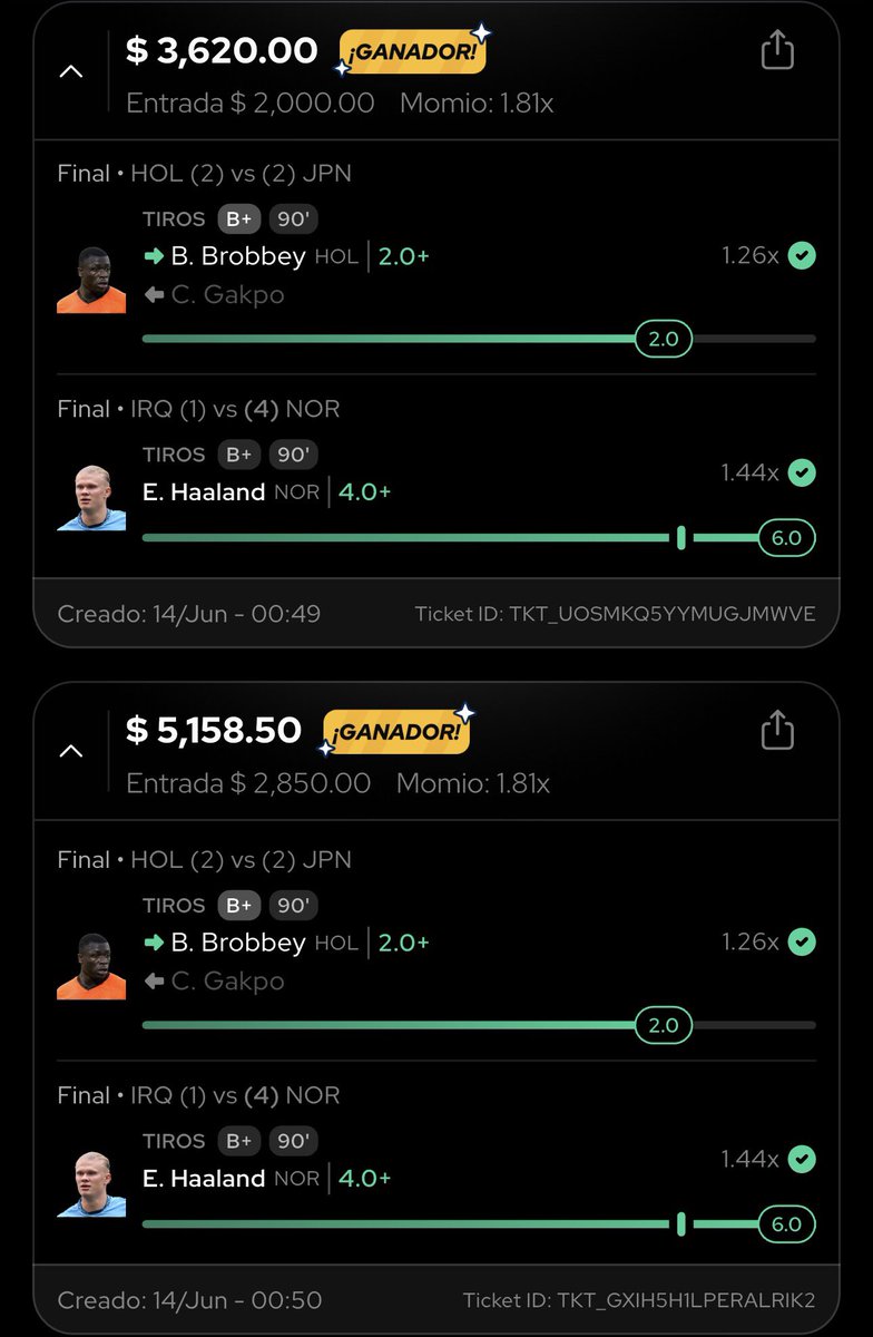 BernardoPicks's tweet photo. Cobramos casi todo con el ANDROIDE 🤖 🇳🇴 ✅

2 collabs con @AguilaPick :
-Haaland over 3.5 tiros y Gakpo over 1.5 (-125) ✅
-Haaland over 4.5 tiros (+100) ✅

Reto Haaland 
-Gol y over 1.5 al arco (-136) ✅
-Doblete de goles (+210)✅
-Over 5.5 tiros (+216) ✅ https://t.co/L9bwStibbl