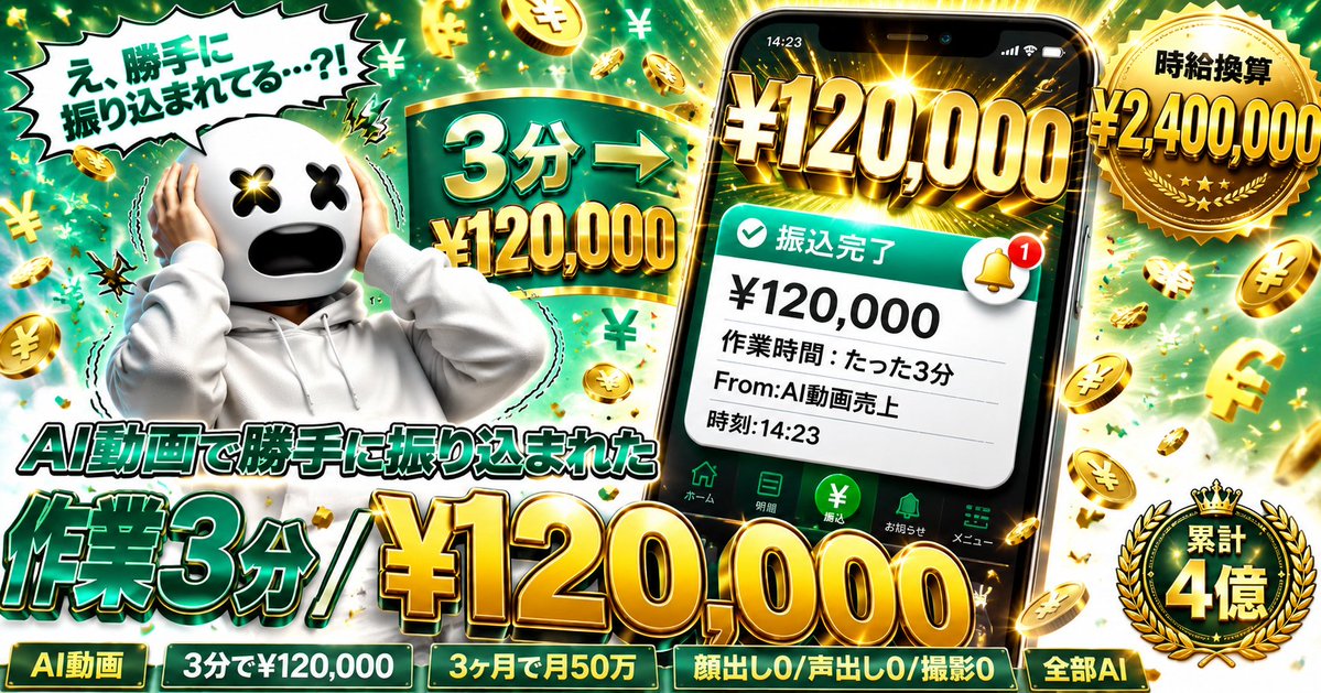 Maruo_0314's tweet photo. 作業3分で12万円が勝手に振り込まれてて震えた‼️

累計4億売ってきた俺が、今ガチで一番熱いと思ってるのがAI動画。

顔出しゼロ、声出しゼロ、撮影ゼロでいける。

・台本もAI
・ナレーションもAI
・編集もぜんぶAI
・サムネもAIで一発

未経験から3ヶ月で月50万を狙えるルートが完成しました。

最初の1歩を間違えると一生伸びない。

だからその手順を全部まとめました。

ほしい人はこの投稿にいいね＋リプで好きな絵文字を送ってください‼️

いいね+リプしてくれた人に配布します