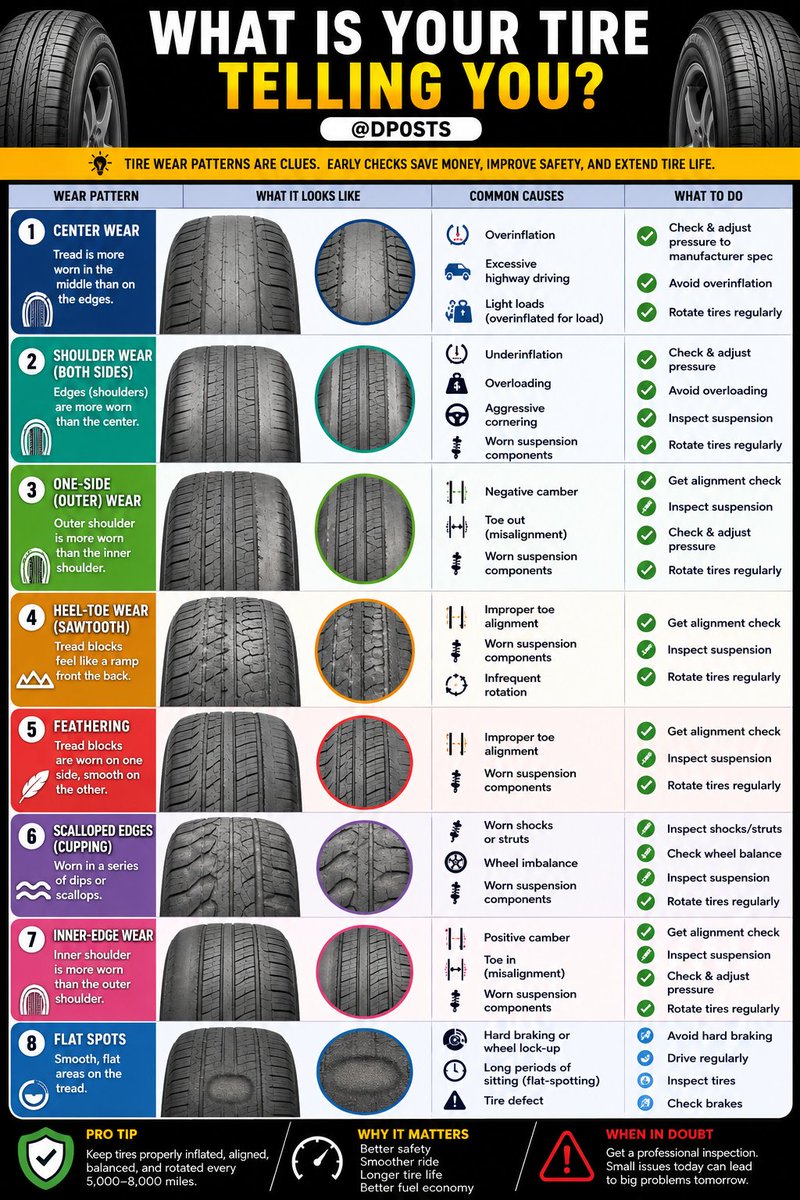 DP0STS's tweet photo. What Your Tire Wear Means https://t.co/KT6qMgEpd6