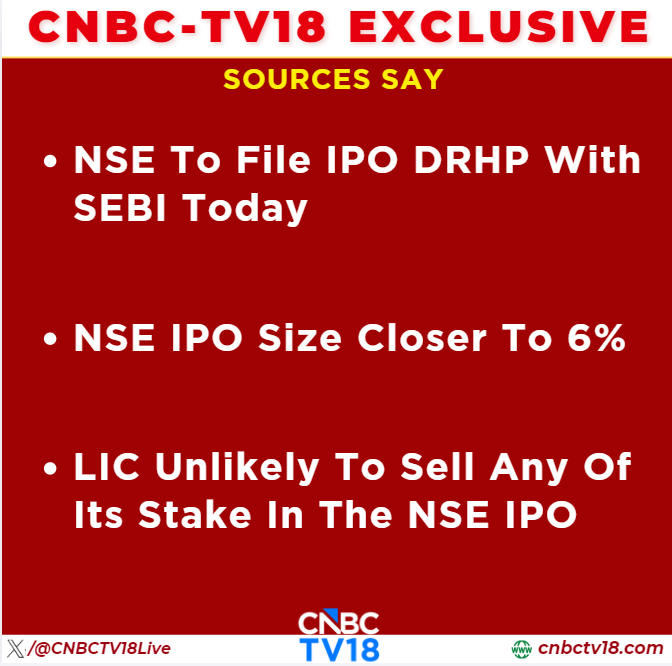 CNBCTV18Live's tweet photo. #CNBCTV18Exclusive | #NSE to file #IPO DRHP with #SEBI today, IPO size likely closer to 6%, sources say

Alert: LIC is the largest shareholder, and it won't be selling any stake https://t.co/gRy0oBT50W