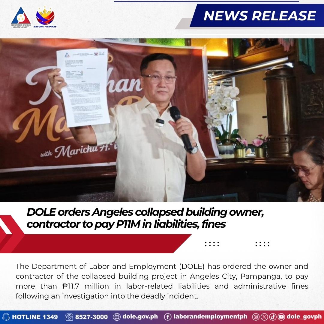 dole_govph's tweet photo. 𝐃𝐎𝐋𝐄 𝐨𝐫𝐝𝐞𝐫𝐬 𝐀𝐧𝐠𝐞𝐥𝐞𝐬 𝐜𝐨𝐥𝐥𝐚𝐩𝐬𝐞𝐝 𝐛𝐮𝐢𝐥𝐝𝐢𝐧𝐠 𝐨𝐰𝐧𝐞𝐫, 𝐜𝐨𝐧𝐭𝐫𝐚𝐜𝐭𝐨𝐫 𝐭𝐨 𝐩𝐚𝐲 𝐏𝟏𝟏𝐌 𝐢𝐧 𝐥𝐢𝐚𝐛𝐢𝐥𝐢𝐭𝐢𝐞𝐬, 𝐟𝐢𝐧𝐞𝐬

𝐑𝐄𝐀𝐃: https://t.co/v92g1KRjiU

#BagongPilipinas
#SerbisyongDOLE
#fyp https://t.co/144Lcnqlt0