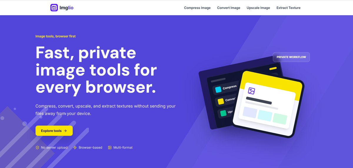 Nothingfdv's tweet photo. @DanielSmidstrup Imglio is a browser-based image tools.

Compress, convert, upscale, and extract textures without uploading your files to a server.

Quick, simple, and your images stay on your device.

Check it out: https://t.co/G9eaO1jHaC https://t.co/7ImRhM3xOk