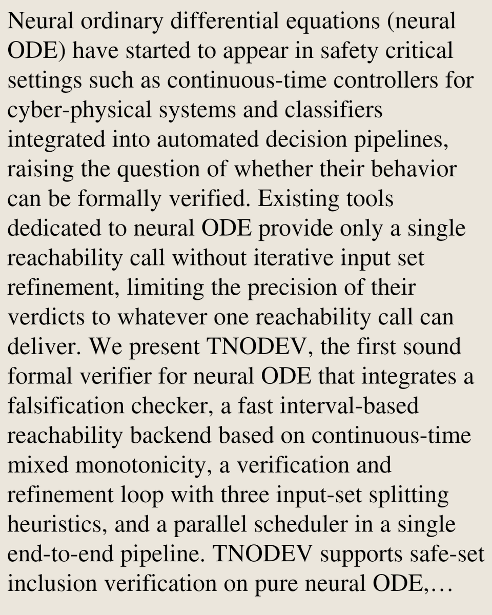SciFi's tweet photo. TNODEV: Toolbox for Neural ODE Verification

Abdelrahman Sayed Sayed, Pierre-Jean Meyer, Mohamed Ghazel
https://t.co/8MPxcxPz63 [𝚌𝚜.𝙰𝙸 𝚌𝚜.𝙻𝙶 𝚎𝚎𝚜𝚜.𝚂𝚈 𝚖𝚊𝚝𝚑.𝙳𝚂] https://t.co/bgaYVCiwZ6