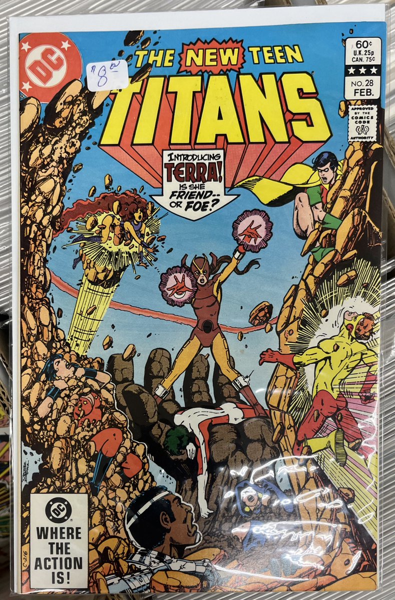 SinghEighty6's tweet photo. The New Teen Titans #28 at a local shop. Big fan of the cheesy cover begging you to read what’s inside “Introducing TERRA! Is she FRIEND or is she FOE?” https://t.co/4zvpQhK1aO