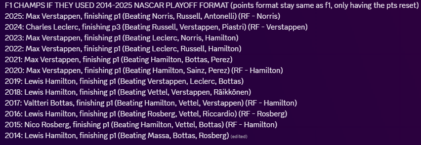 Berad_7's tweet photo. i did format all the way to 2014, only slight changes to every championship but interesting to see how it effects championship count for some drivers. https://t.co/SHSXEmAxc6