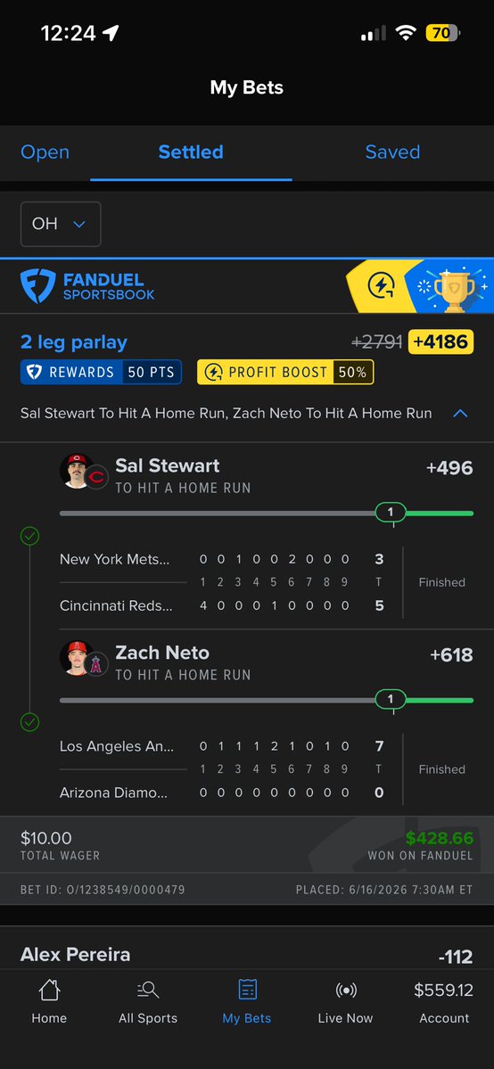 NathanRayburn19's tweet photo. @OutlawParlays Literally followed at 7am this morning, placed this bet 30 mins after, thinking “hell I got a profit boost, why not”….

BANG!! https://t.co/q65Yazv0KG