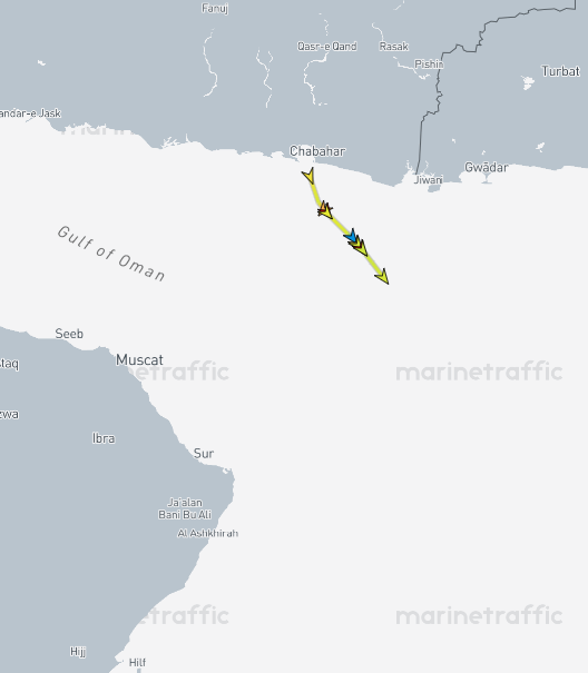 Osinttechnical's tweet photo. Multiple loaded Iranian oil tankers have left the port of Chabahar and crossed the US blockade line without being stopped, per AIS data from @MarineTraffic.

The departures come as the US reportedly allows Iranian oil to reenter the global market. https://t.co/XdClAwvHSS