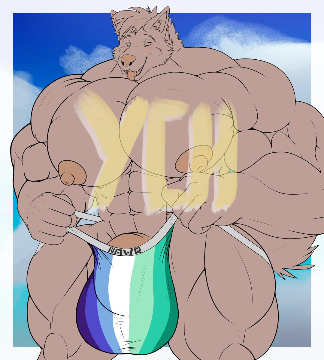 Fluffytigral's tweet photo. Steamy pride Summer ych🏳️‍🌈  

Wonder if it'll still fit this year~🥴  

Details on the attached post
 #ych #furry #hyper https://t.co/8FJbNsDeJc