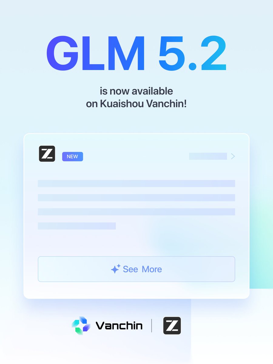 StreamLake_ai's tweet photo. 🚀 Welcome @Zai_org GLM-5.2

💻 Upgraded Coding &amp; Agentic Tasks 
🧠 1M context window for long-horizon capability 
⚙️ Max &amp; High Reasoning Levels, Balancing Performance &amp; Token Efficiency(Same API price as 5.1!)
🔓 MIT Licensed

Try it on StreamLake!  #GLM5 #AI https://t.co/NoV0OOxDEC