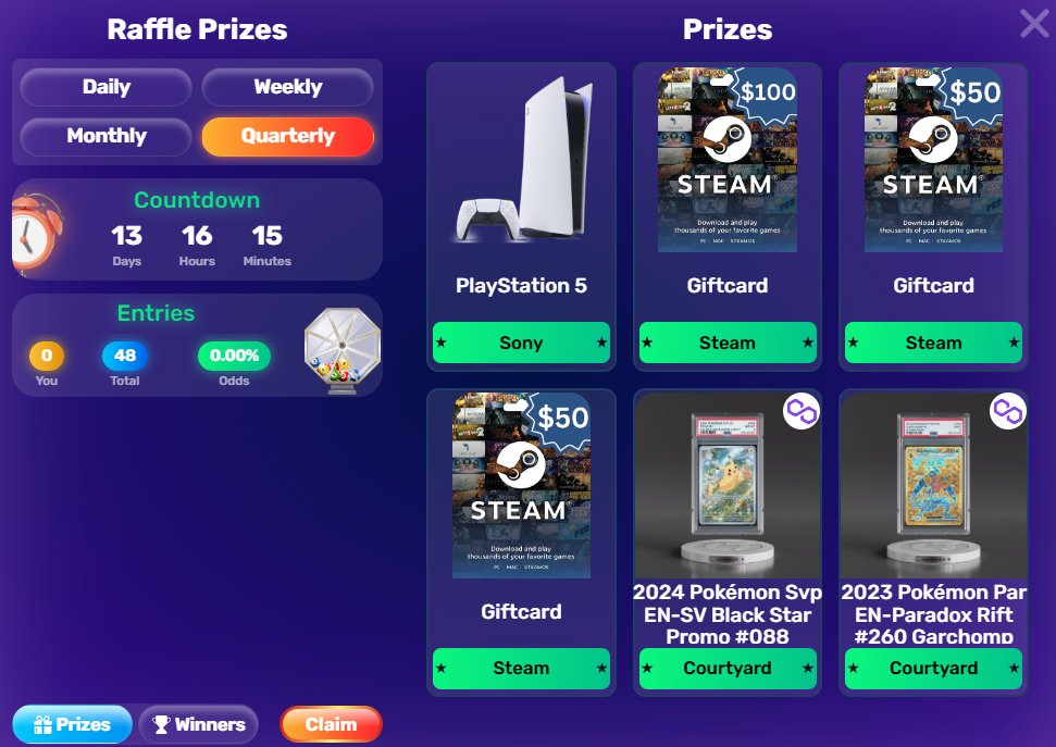 blockspingaming's tweet photo. ⏳ Only 13 Days Left for the Quarterly Raffle! 🎉

The countdown is on. Stack your entries for the Quarterly Raffle draw. 💎

🏆 Prizes:
• 1x PlayStation 5 Slim Digital
• 1x $100 Steam Gift Card
• 2x $50 Steam Gift Cards
• 1x PSA-Graded Pikachu Pokémon NFT
• 1x PSA-Graded Garchomp EX Pokémon NFT

A minimum of 350 entries is required for the raffle to proceed.

Go to @BlockSpinGaming now and join the raffle! 🚀